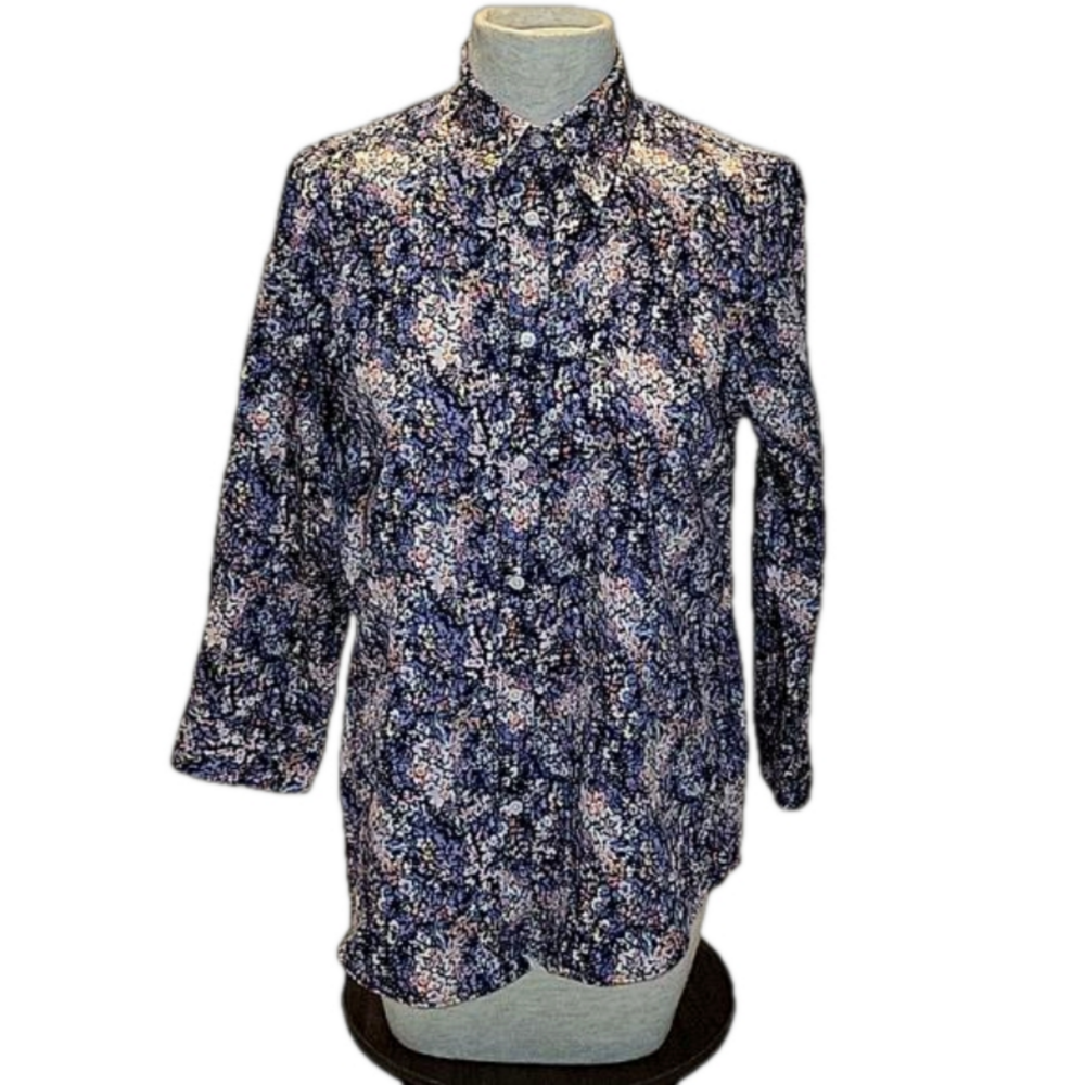 Chaps Blue Pink White Floral Button-down Blouse Shirt Size Medium Mint Condition